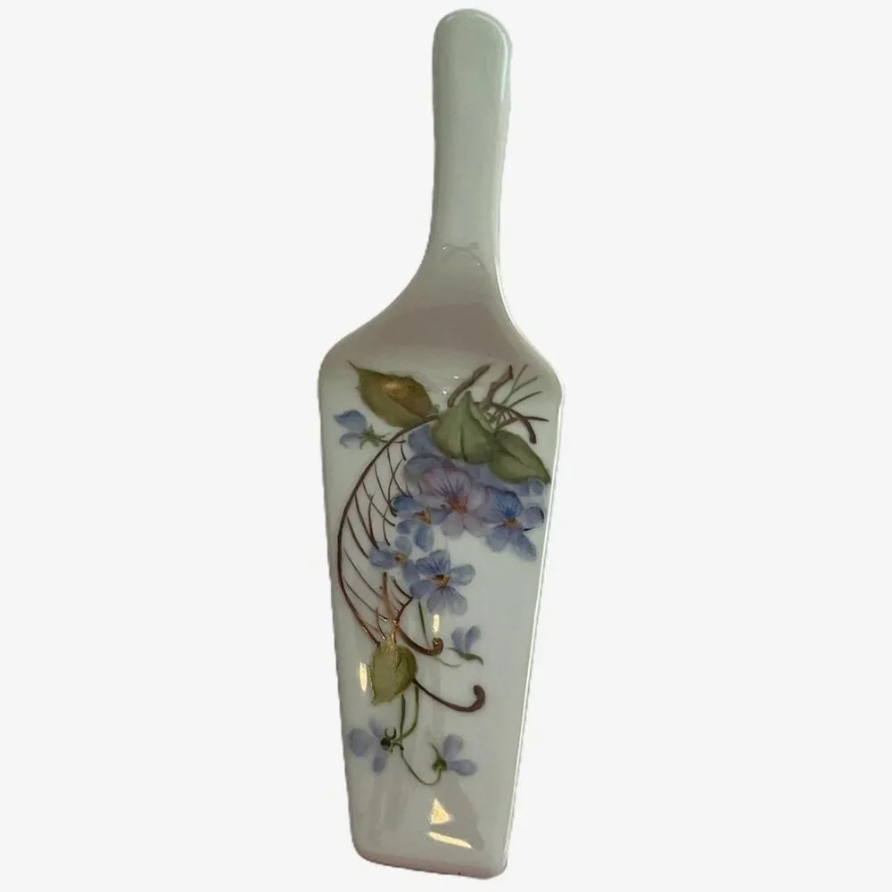 Vintage S Tessenyi Hand Painted Porcelain Cake Pie Server Floral 10” Cottagecore